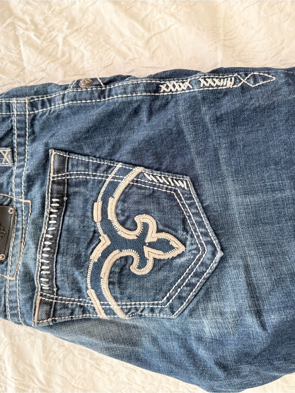Rock Revival Blue Relaxed Jeans with Cream Embroidered Pocket